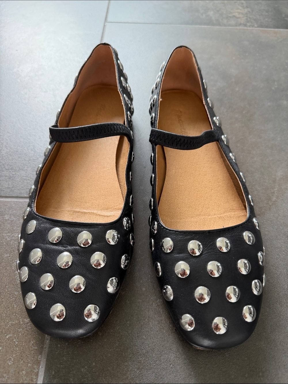 Madewell Black Leather Studded Mary Jane Flats